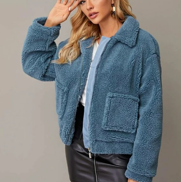 SheIn Zip Up Blue Teddy Spring Jacket - Picture 2 of 10